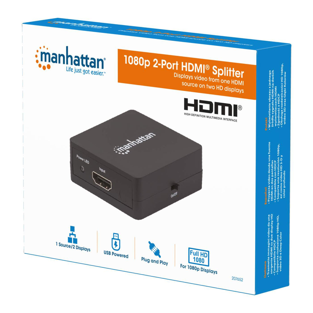 Manhattan 4K HDMI Splitter 1 in 2 Out – 4K@30Hz 2 Output 1 Output Ports,  HDCP Compliant, Double Adapter HD Hub Amplifier with HDMI Cable, 1080P 3D 