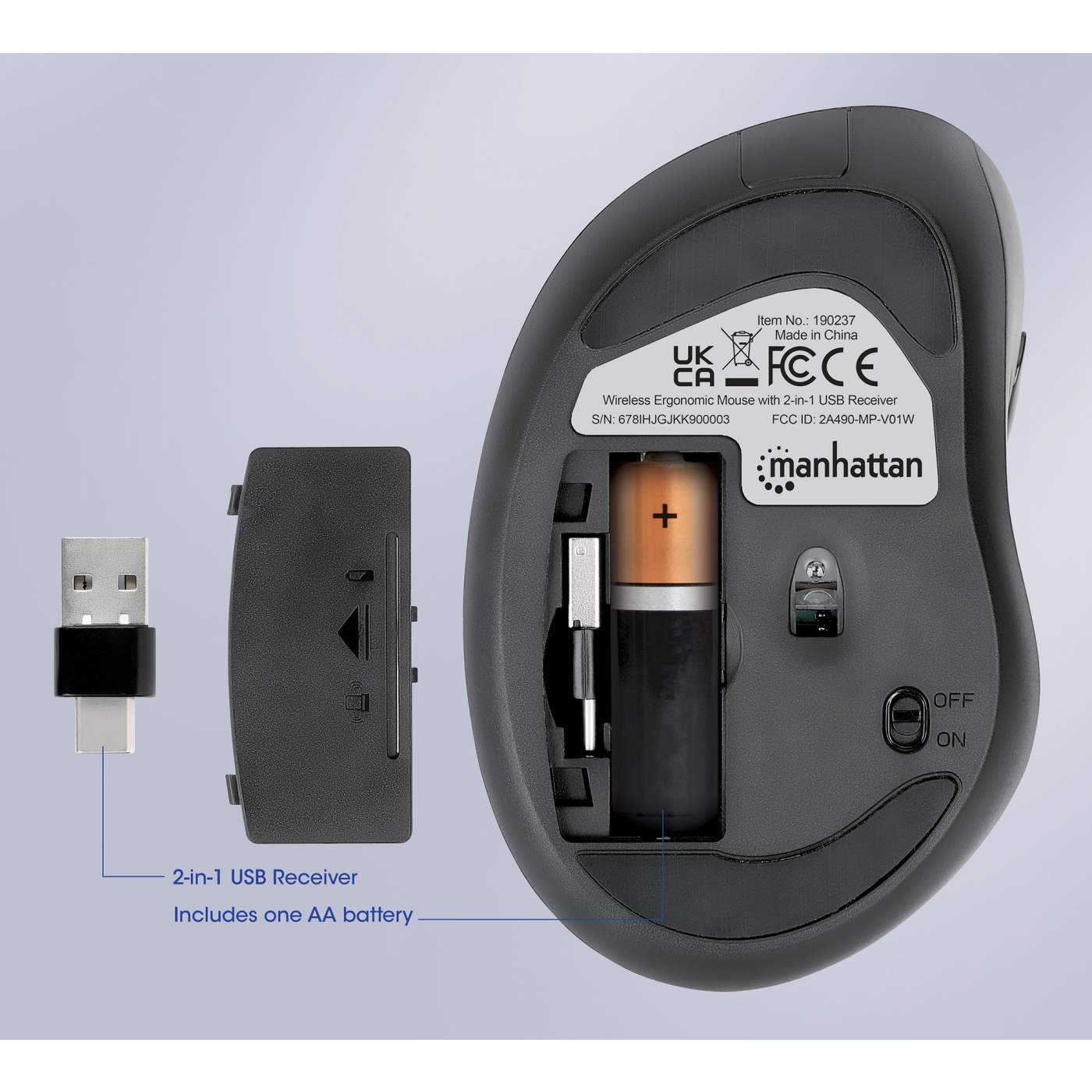 Wireless Ergonomic Mouse with 2-in-1 USB Receiver Image 7