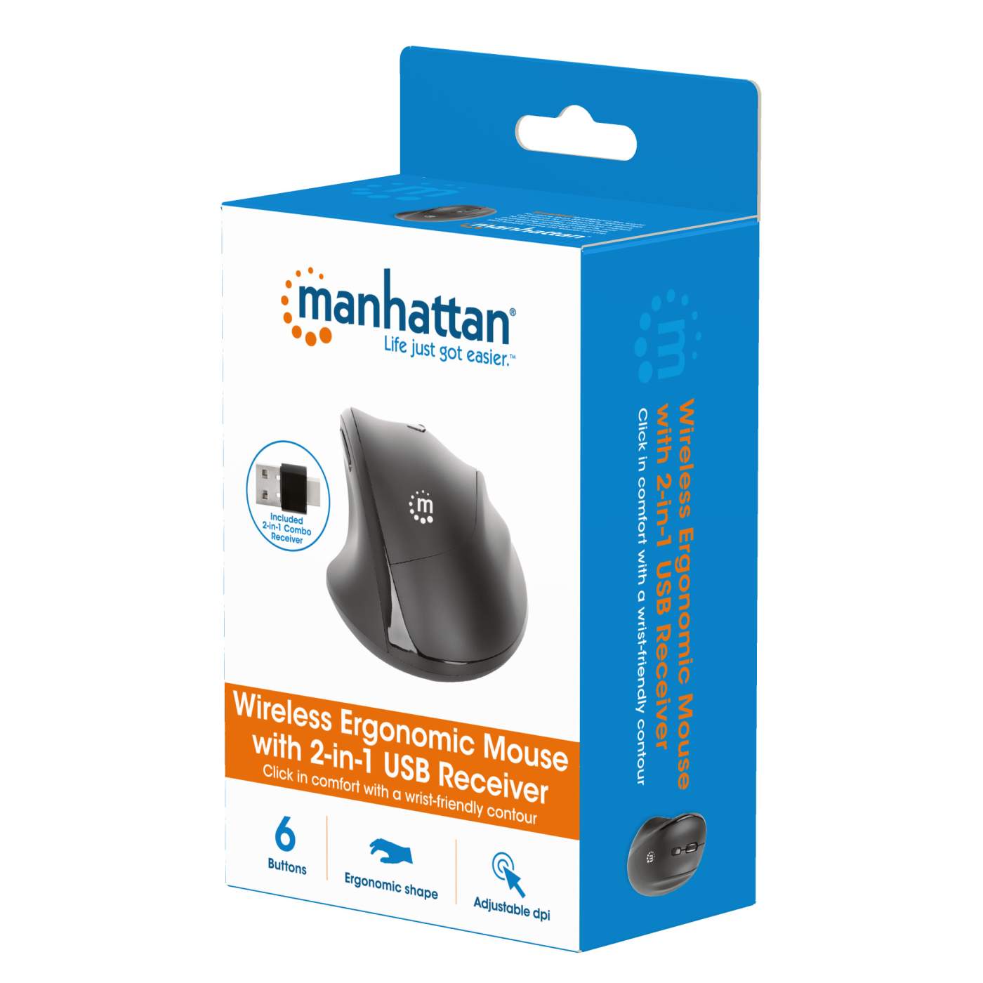 Wireless Ergonomic Mouse with 2-in-1 USB Receiver Packaging Image 2