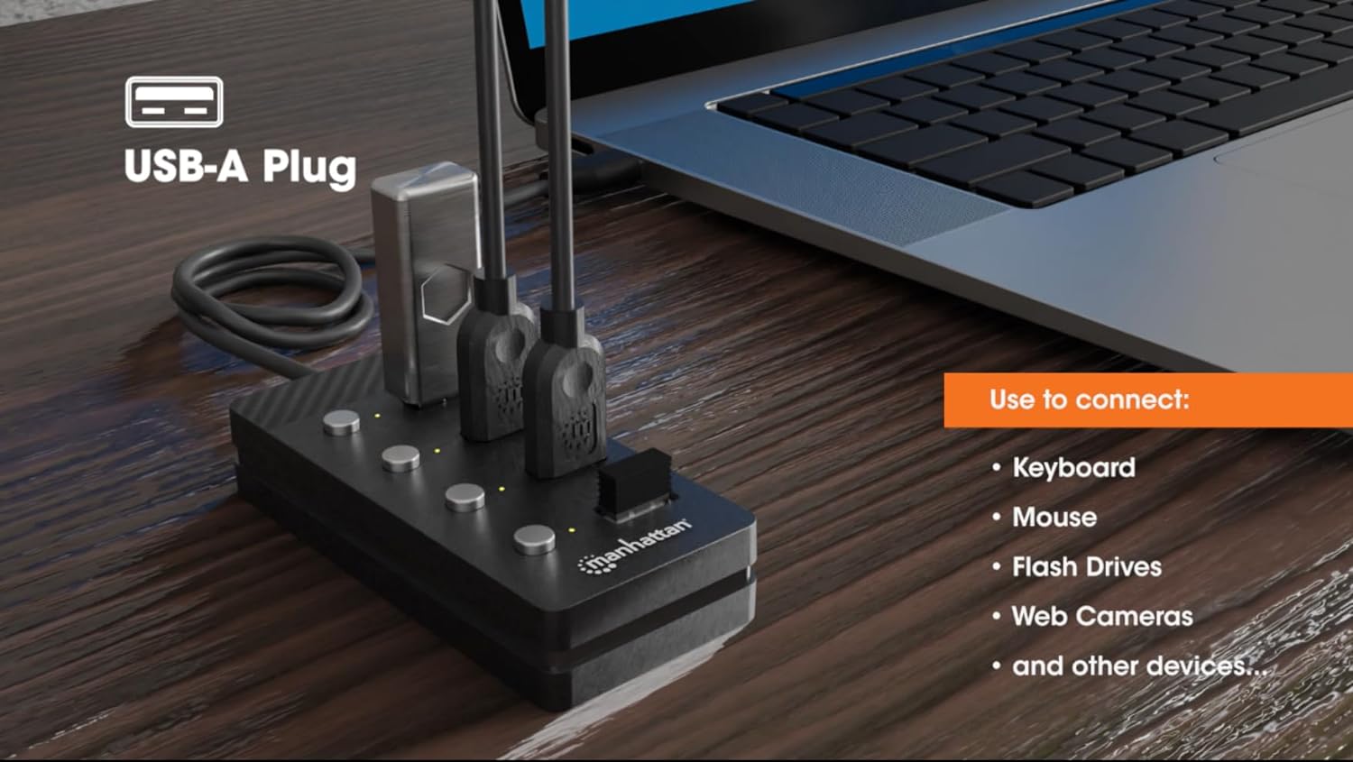 4-Port USB 3.0 Type-A Hub with 5 ft. Cable and On/Off Switch for Each Port
