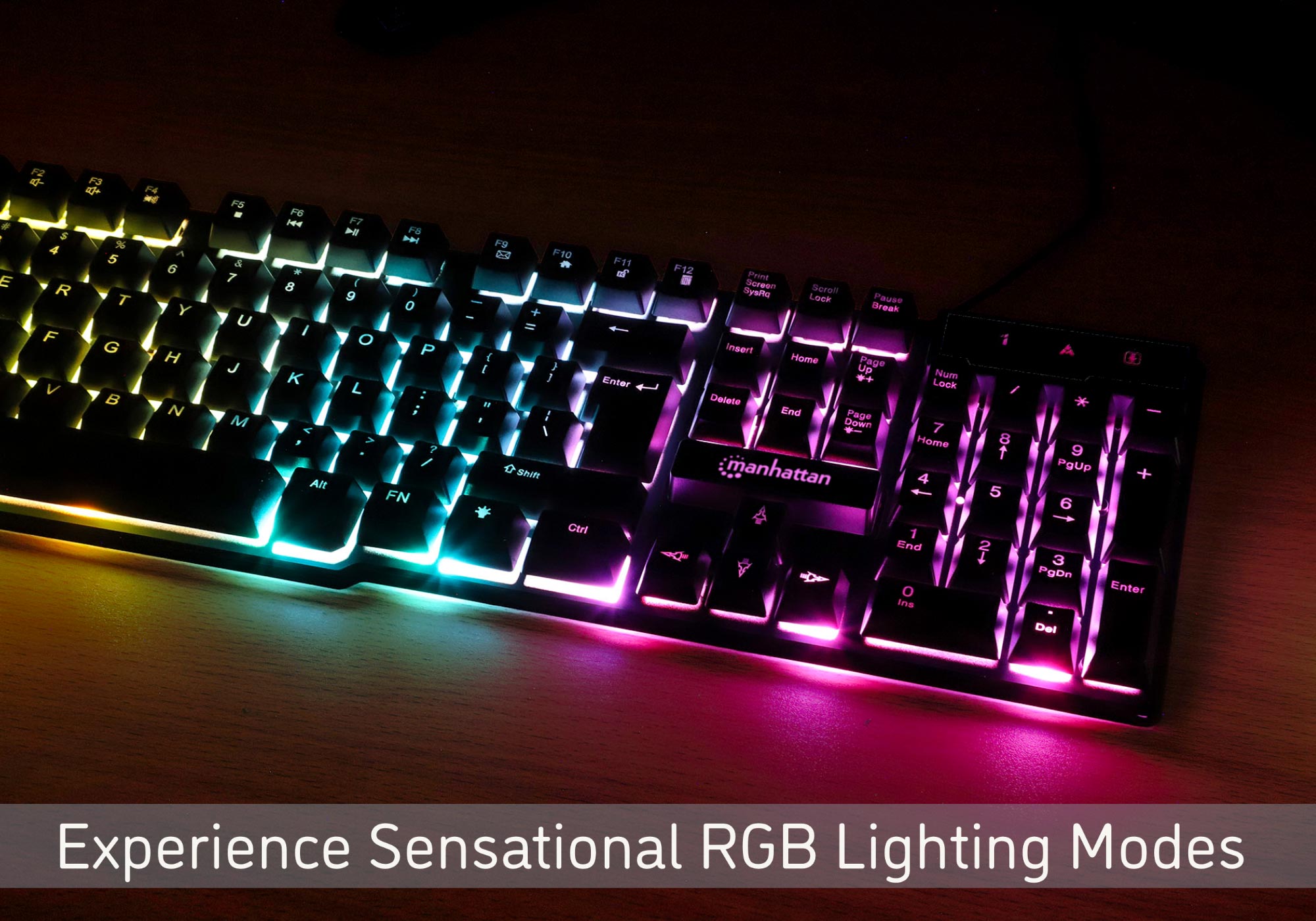 Manhattan Wired USB Gaming Keyboard with Backlit RGB LED, Quiet Keystrokes - for Computer, PC, Desktop, Gamer Manhattan Wired USB Gaming Keyboard with Backlit RGB LED, Quiet Keystrokes - for Computer, PC, Desktop, Gamer