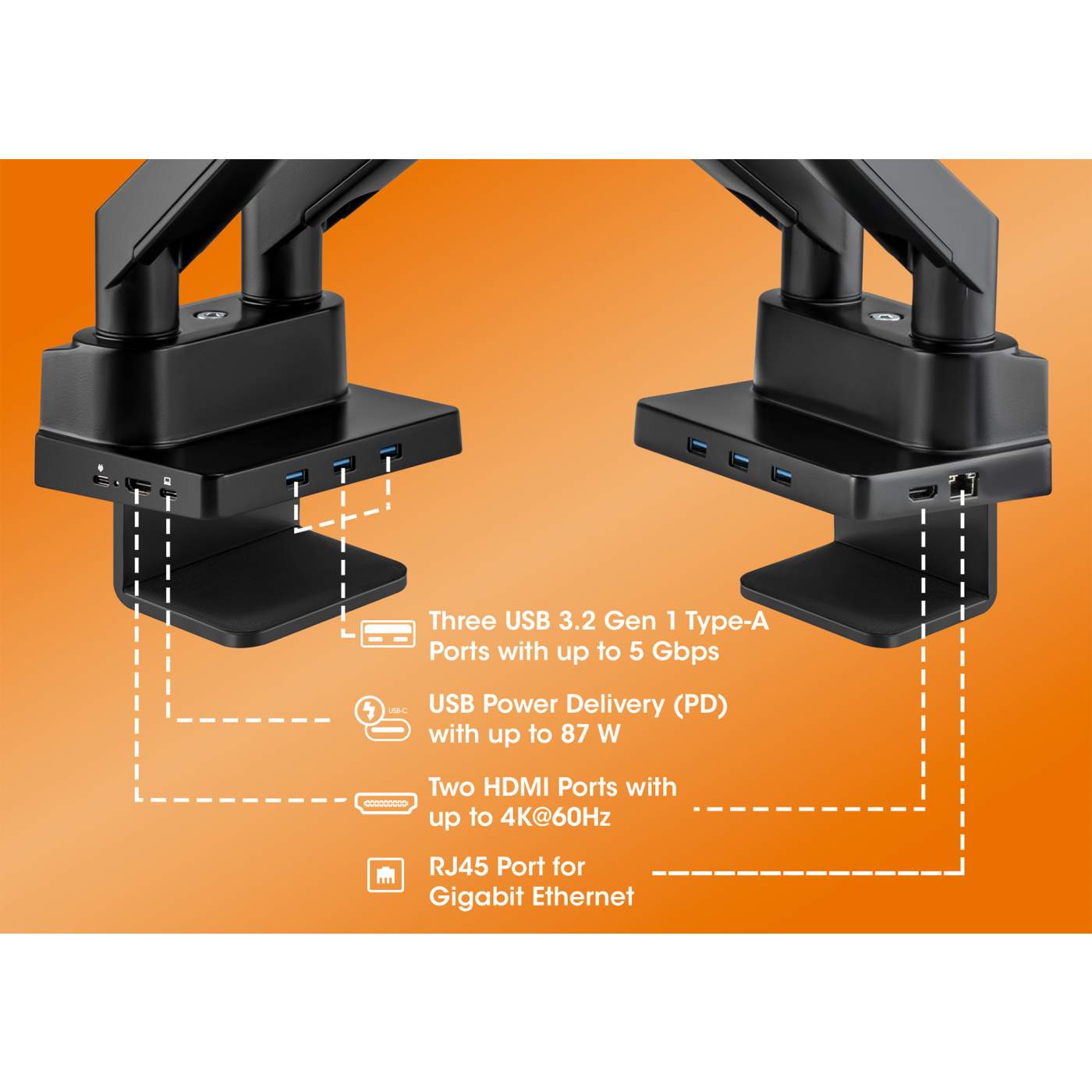 Aluminum Gas Spring Dual Monitor Desk Mount with 8-in-1 Docking Station Image 4