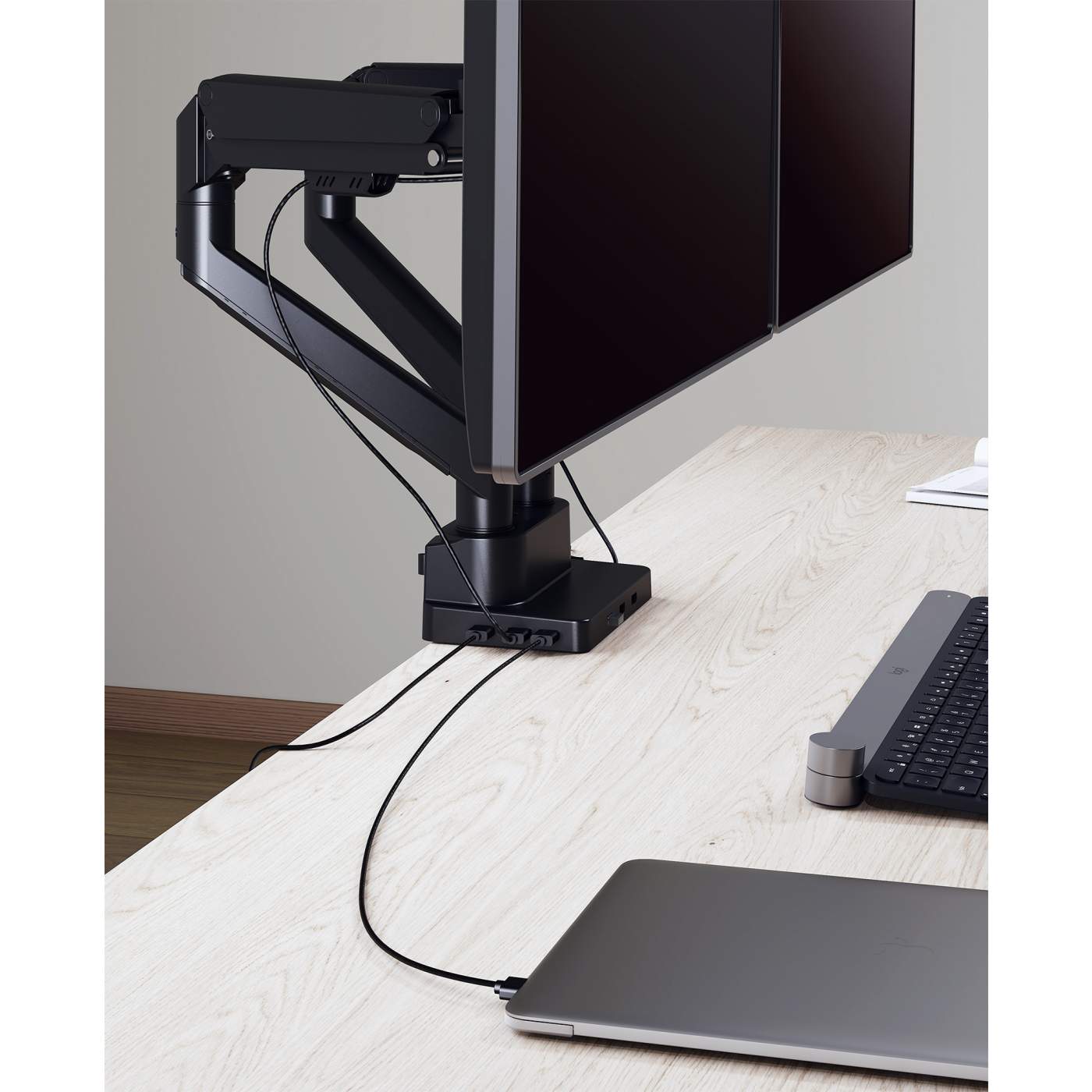 Dual Monitor Desk Mount with Integrated Docking Station