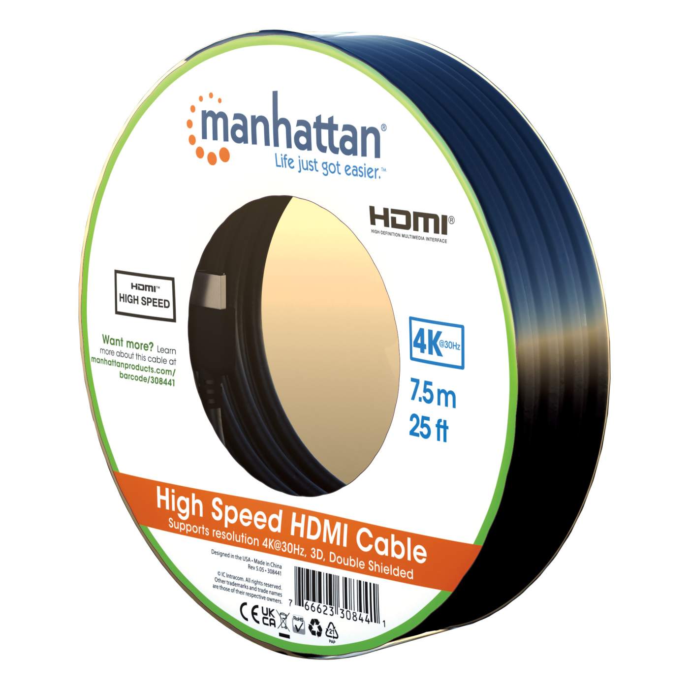 Câble de raccordement Manhattan HDMI Fiche mâle HDMI-A, Fiche mâle HDMI-A  0.50 m noir 394406 Câble HDMI