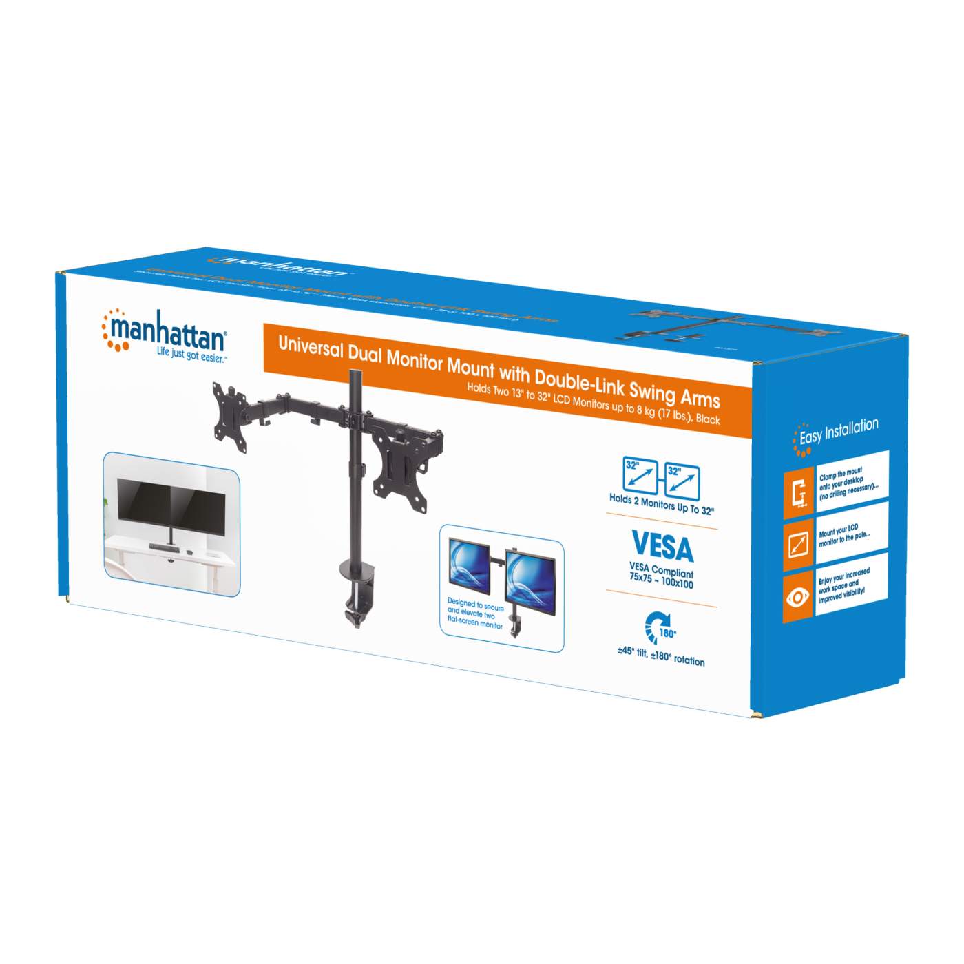 Universal Dual Monitor Mount with Double-Link Swing Arms Packaging Image 2