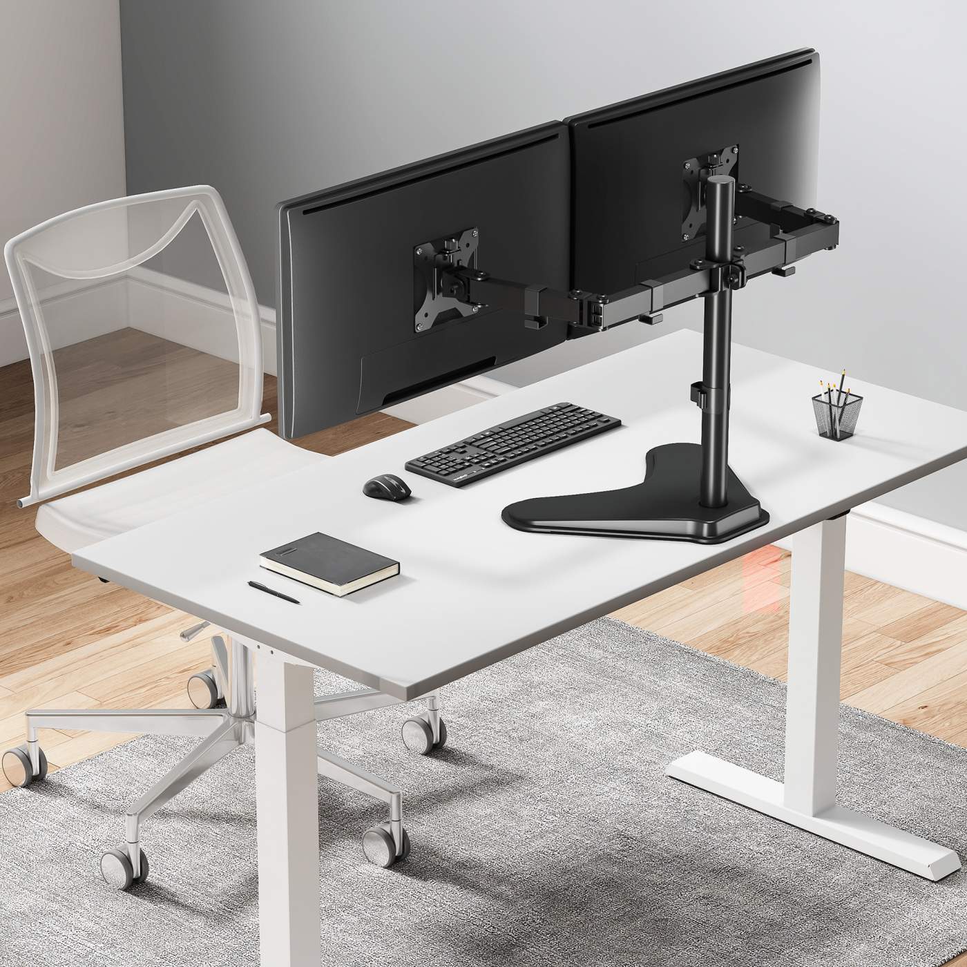Universal Dual Monitor St& w/ Double-Link Swing Arms