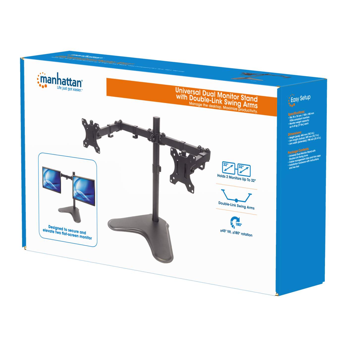 Universal Dual Monitor Stand with Double-Link Swing Arms Packaging Image 2